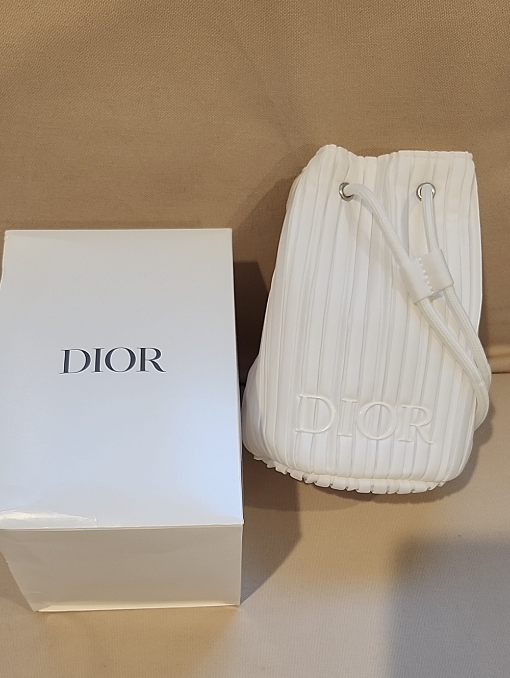 Dior White Pleated Drawstring Bucket Make Up Bag Pouch